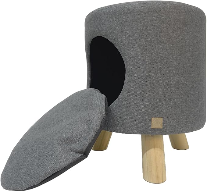 4 Cats & Dogs Wallie Stool – Plush Pet Stool & Bed with Wooden Legs, Cozy Cat Condo Furniture & Pet Nook Hideaway, Multipurpose Stool with Cozy Pads for Cats & Small Dogs, Dark Grey