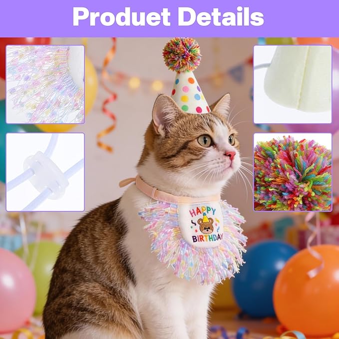 Cat Birthday Bandana Hat Set, Cute Cat Birthday Hat with Pom-Poms, Exquisite Cats Birthdays Outfit, Reusable Pet Party Decorations for Small Medium Cats Kittens Doggy