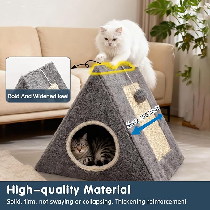 Cat Beds for Indoor - 2 in 1 Cat Cave House Tent for Kittens and Small Pets with Fluffy Ball Hanging and Scratch Pad,Foldable Kitten Hideaway with Non-Slip Bottom, Grey, 17 inches