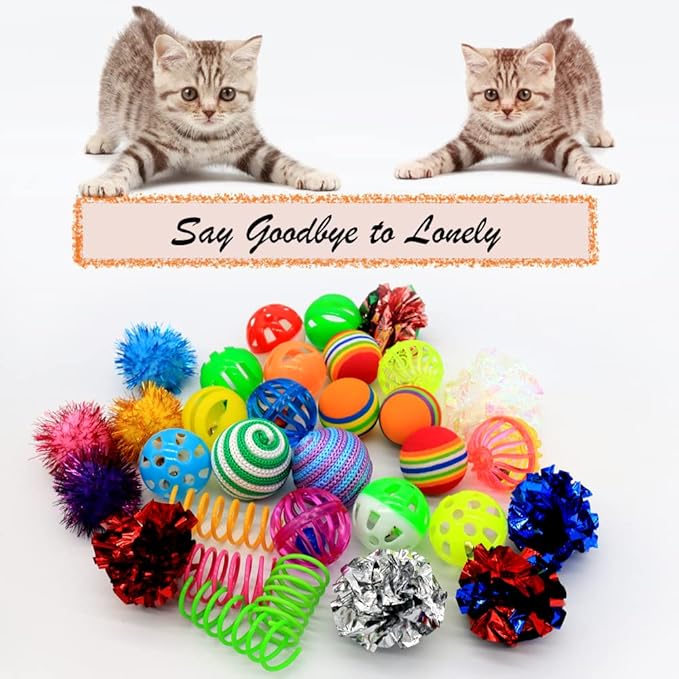LASOCUHOO Cat Toys Kitten Assortment - Rainbow, Crinkle, Sparkle, Bell & Sisal Balls for All Cats - 30 Packs