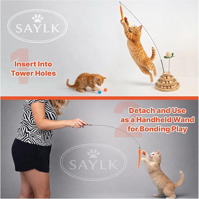 Cat Toy Ball Track with 2 Teasers, 3-Level Cat Ball Tower, 4-in-1 Kitty Toys, 9 Wooden Balls, Worm Wand, Spring Teaser Ball, 2 Glow Balls, Kitten Toy Interactive, Mental Physical Exercise, Medium Size