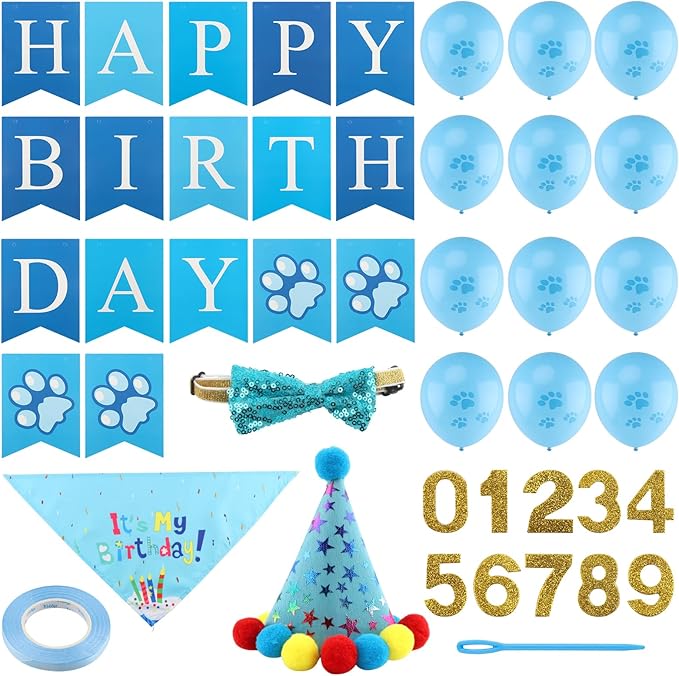 Cat Birthday Decorations Set - Cute Birthday Outfit with Hat, Bandana, Bow Tie, Balloons & Number Stickers for Kittens/Cats Party Photo Props & Festive Supplies