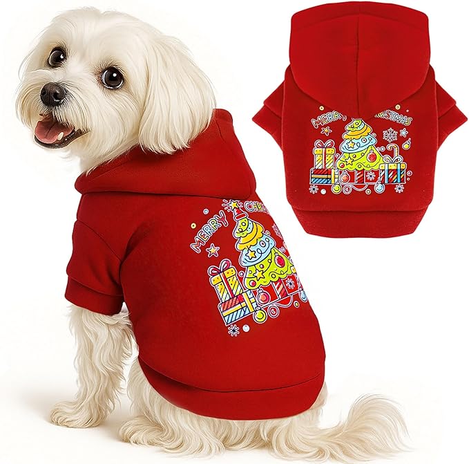ABRRLO Small Dog Hoodie Clothes Red Christmas Dog Outfit Warm Fleece Dogs Sweater for Small Dogs Cat Boy Girl Cute Puppy Sweatshirt with Leash Hole Xmas Doggy Costume Chihuahua Yorkie(Xmas Tree,XS)