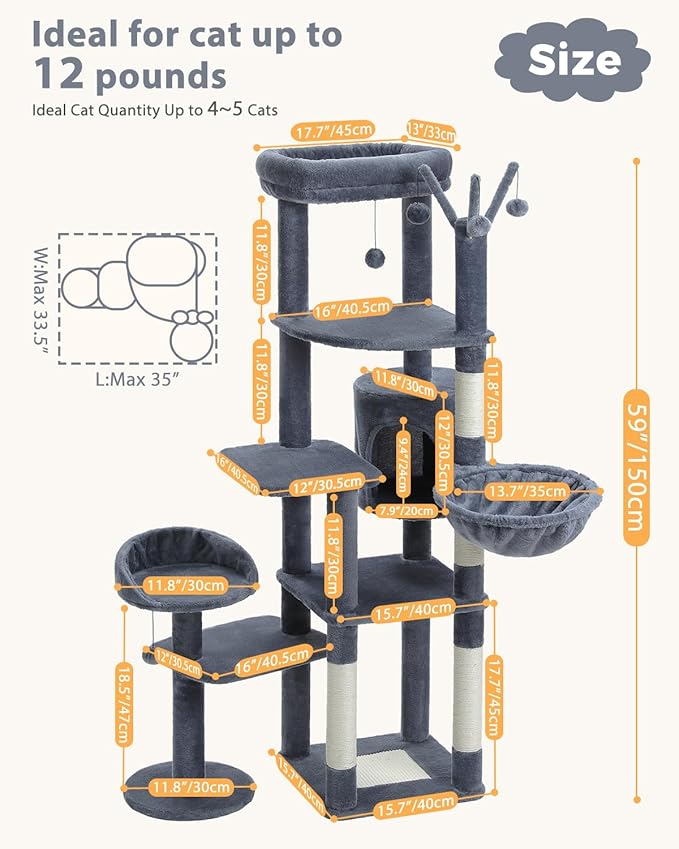 MUTTROS 59" Cat Tree, Cat Tower for Large Cats, Multi-Level Cat Tower with 3 Removable Pompom Sticks, Cat Tree for Indoor Cats, Cat Condo with Large Hammock, Scratching Post, and 2 Perches, Dark Gray