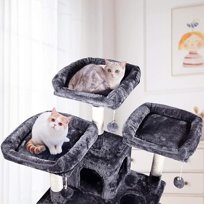 MQ Multi-Level Cat Tree, Activity Centre Cat Tower Furniture with Sisal-Covered Scratching Posts, 3 Padded Plush Perches, Dual Condo & Basket, Removable Hammock, for Large Cats, Grey