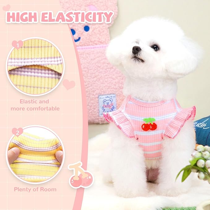 2 Pack Striped Small Dog T Shirt Cute Cherry Girl Dog Clothes for Small Dogs Cats Breathable Soft Cotton Pet Puppy Sleeveless Vest Spring Summer Pet Outfits（Pink+Yellow,XX-Large）