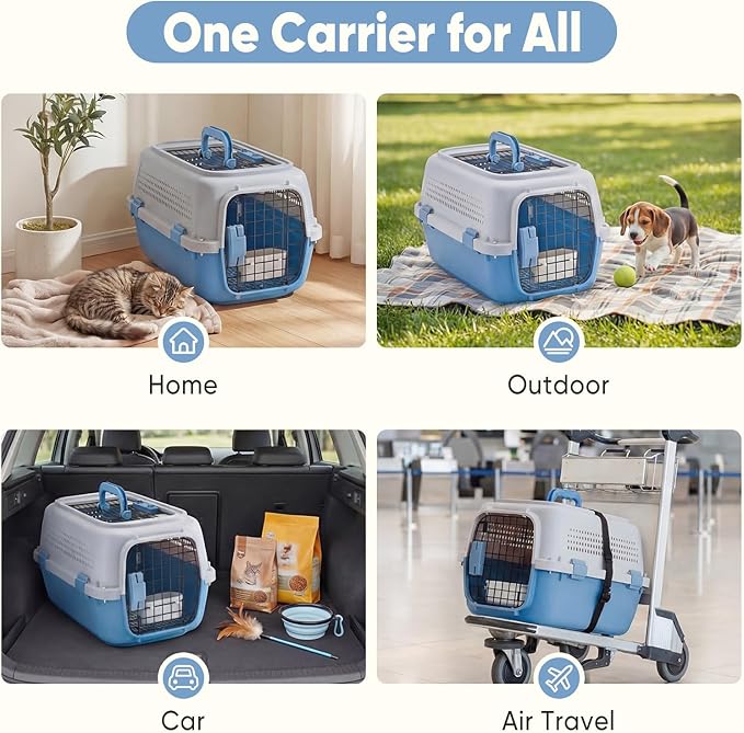 DUMOS 23" Hard-Sided Pet Carrier for Small Dogs & Cats, Airline Approved Travel Crate with Enhanced Security Latches, Front & Top Load Wire Door, Food Bowl for Traveling, Hiking, Camping (Grey&Blue)