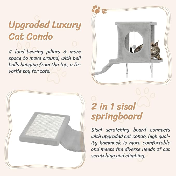 NUNU LAB 7-in-1 Cat Wall Shelves, Wall Mounted Cat Climber Set, Cat Furniture with House, Tunnel, Bridge, Steps, Scratcher, Hammock, Shelves for Indoor, Gray