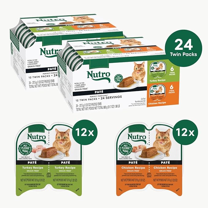 Nutro Wet Cat Food Pate Multipack: Cat Food Wet Turkey Recipe and Chicken Recipe, 2.64 oz. Trays (12 Count, Pack of 2)