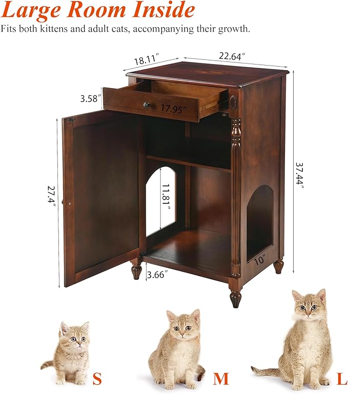 2-Set Solid Wood Cat Litter Box Enclosure, Hidden Litter Box Furniture, Wooden Pet House Storage Cabinet, Wooden Floor Cabinet for Hallway, Entryway or Living Room Home Decor, Cherry Walnut