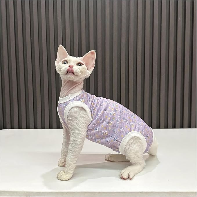 Hairless Cat Clothes, Sphynx Cat Clothes, Sphynx Cat Clothes Summer Cotton T-Shirts Cute Animal Four Leg Jumpsuit Pullover Vest Round Collar Kitten Shirts Sleeveless Cat Apparel(Purple Rabbit,M)