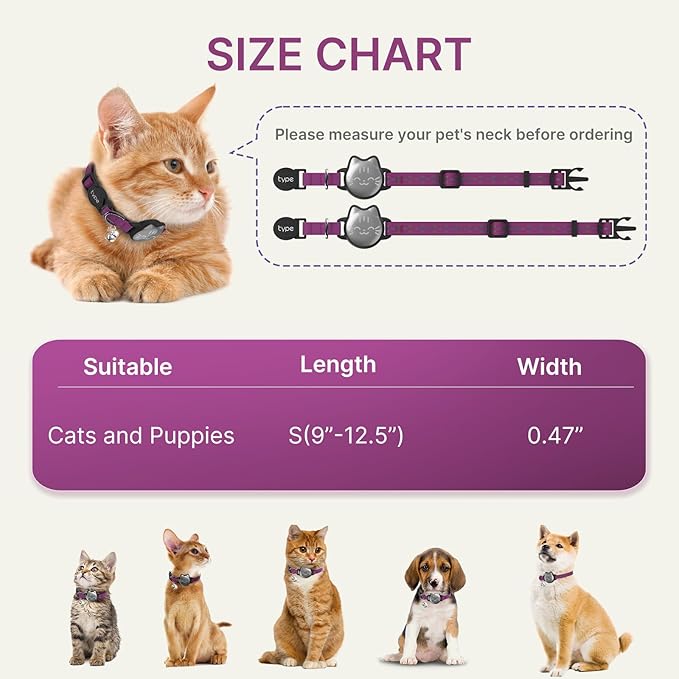 Waterproof Airtag 2nd & 1st Cat Collar, Breakaway Cat Airtag Collar with Luminous & Reflective Pattern Strap, Lightweight Kitten Collars for Apple Air tag, Hidden Holder - Cats, Kittens