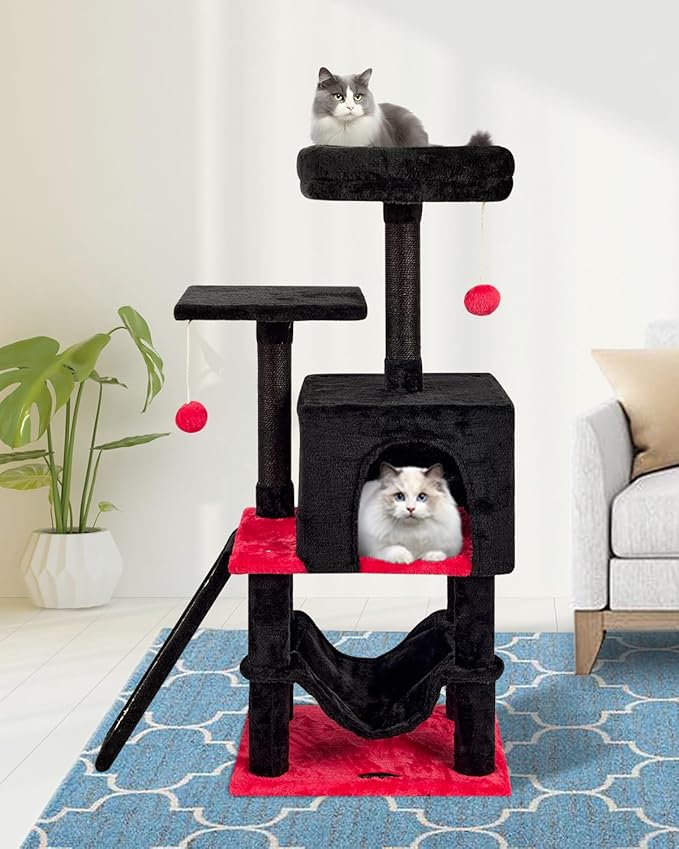 Gothic Cut Cat Tree with Coffin Bed for Indoor Cats Cat Tower with Scratching Post Modern Activity House for Large Cats Condo with Board Kittens Cave Hammock Hanging Ball RED Black