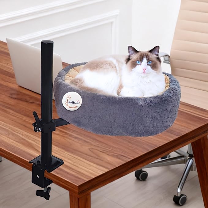 17.5" Large Cat Desk Bed,One-Button Easy Lift & Rotate,Extra Thick Cushion,Additional Cooling Mat,Reversible Two-Tone,Super Soft Plush Faux Fur Table Pet Bed,Machine Washable Bed(Twilight Duo, Large)