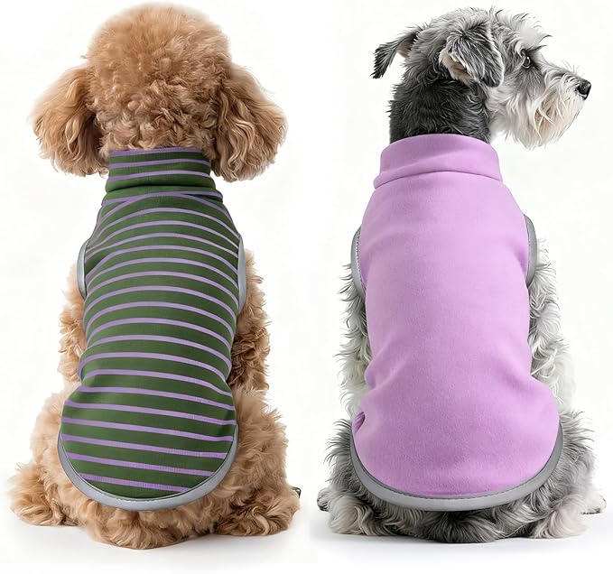 Idepet 2 Pack Striped Dog Sweater, Stretchy Dog Shirt Vest Turtleneck Pet Pullover Puppy Clothes Reflective Sweatshirt Fleece Cat Apparel (Grey Stripe + Purple, Small)