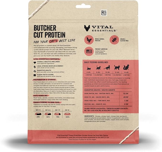 Vital Essentials Freeze Dried Cat Food, Raw Chicken Mini Patties | Complete Meal or Topper | Easy to Portion and Rehydrate | High Protein, Grain Free Dry Cat Food | 8 oz Bag