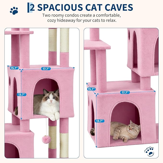 61.4 Inch Cat Tree, Large Cat Tower with Sisal Scratching Posts, 2 Spacious Cat Beds, Hanging Ball & Top Perch, Ideal for Large Indoor Adult Cats, Pink