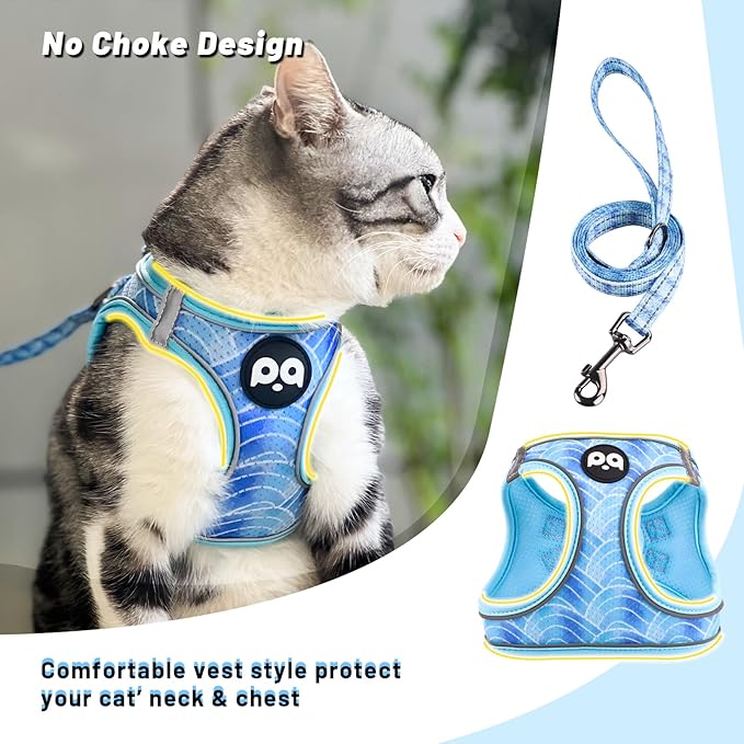 QQPETS Cat Harness and Leash Set for Walking Escape Proof, Safe Adjustable Kitten Vest with Reflective Strips, Easy Control Soft Mesh Lightweight Jacket (Striped Blue, S(Chest 15”-15.7”))