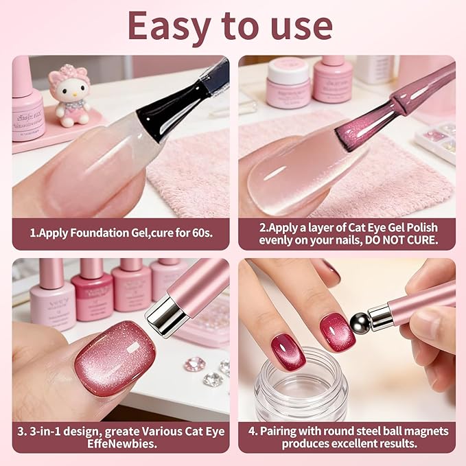 Cat Eye Magnet for Nails, 3-in-1 Cateye Magnet Nail Art Tool, Nail Magnet with Cylindrical & Ball Heads, Magnetic Nail Tool for Cat Eye Gel Polish, Multi Effect for DIY Home Salon Use