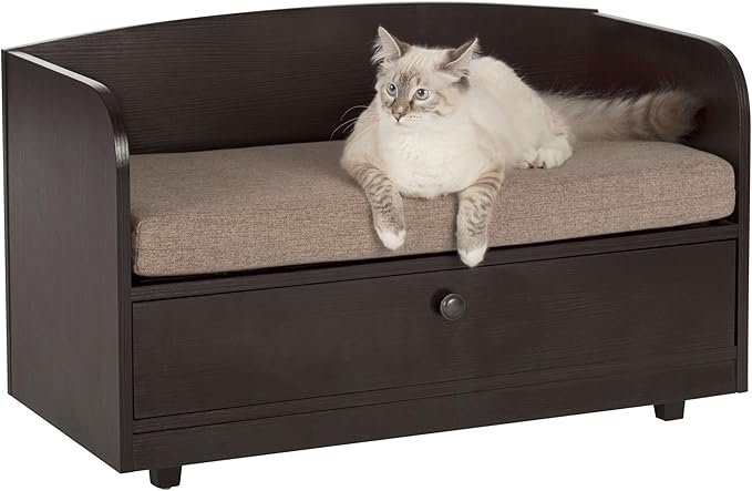 Paws & Purrs Cat Sofa Bed with Storage Drawer, Espresso Finish, 31.5″ x 15.75″ x 19.25″ | 3″ Foam Cushion with Washable Cover | Fits Dogs and Pets up to 50 lb