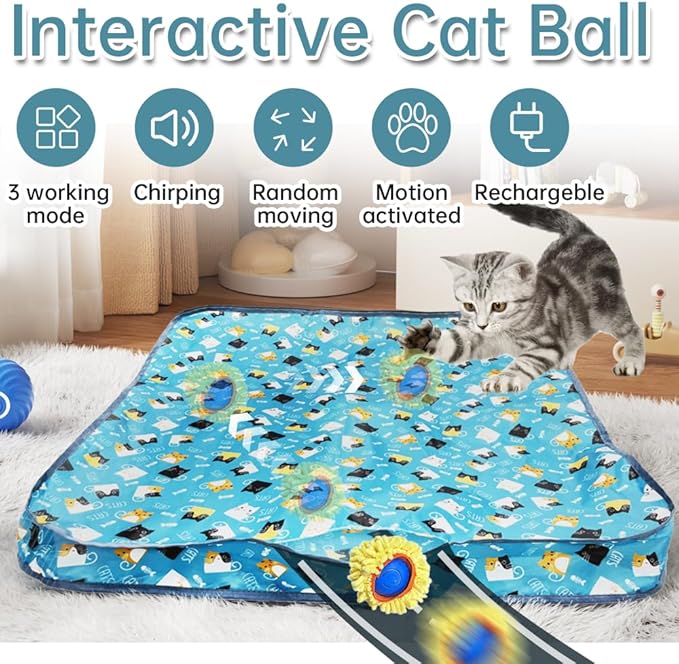 Interactive Cat Toys Ball - Motion Activated Fast Rolling in Pouch, Hide and Seek Catching Game, USB Rechargeable Moving Chaser for Indoor Cats & Kittens