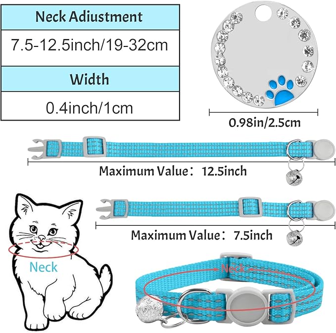 CAMAL Reflective Cat Collar with Name Tag, Personalized Cats Collar Breakaway with Bell, Customized Cat Collars Adjustable for Girls & Boys