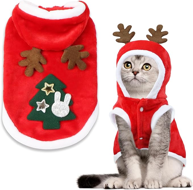 Cat Christmas Outfit, Cat Christmas Hoodie Vest Costume with Elk Antlers Holiday Clothes for Cats Pets (Small)