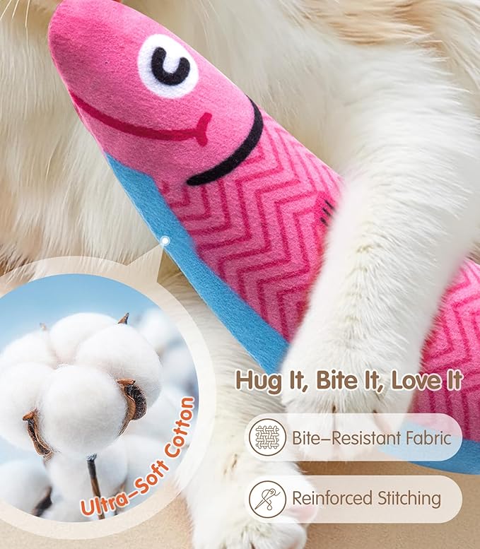PetBusy Cat Toys with[5000mg A+Natural Catnip &Silvervine] [Baby Grade] Interactive Soft Chew Kicker Cat Toys for Indoor Cats & Kittens, [Crinkle &Bell] Fish Sound Toy, Drives Bored Cat Crazy with Fun