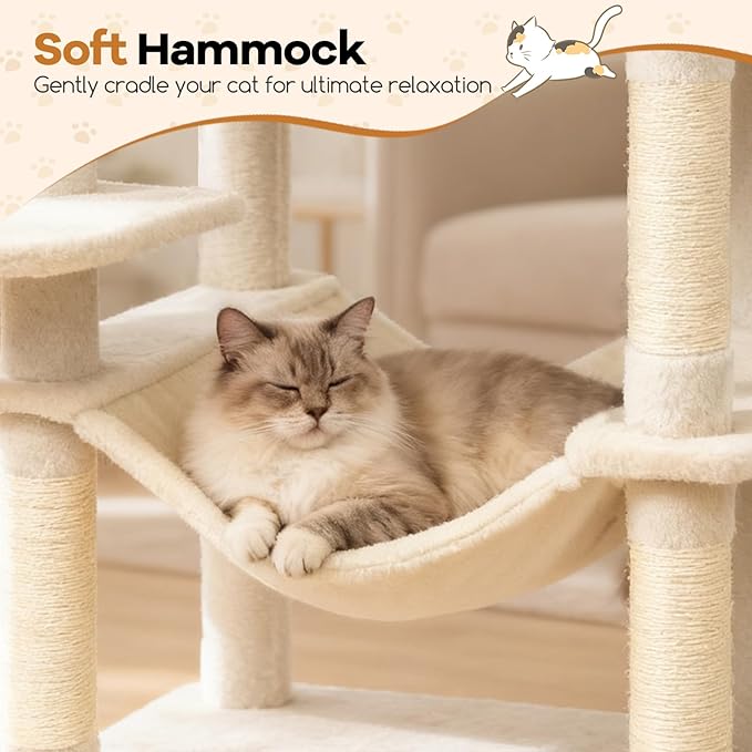 DORTALA 75" Tall Modern Cat Tree, Multi-Level Cat Tower with Large Condos, Sisal Scratching Posts, Top Perch, Hammock, Dangling Balls, Kitten Beds & Climbing Furniture for Indoor Cats (Beige)