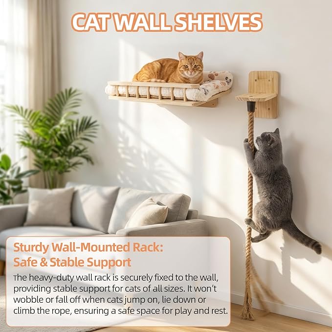 Wall-Mounted Cat Bed & 4.3ft Climbing Rope, with Soft Cushion & Cool Mat, Wall-Mounted Cat Furniture for Sleep Climb, Easy DIY Installation
