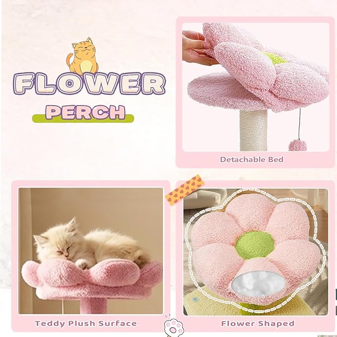 Flower Cat Tree 56 Inches，Large Cat Tower with Detachable Flower Cushions and Hiding Condo, Pink Cat Tree with Hammock Bed, Interactive Toys and Scratching Posts for Indoor Cats