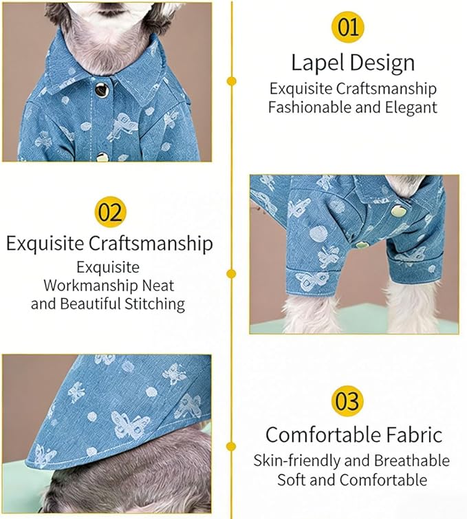 Unisex Pet Denim Shirt for Cats & Small Dogs, Soft Washed Denim, Collared Button Down with Back D-Ring, Breathable Cotton, Spring/Summer/Fall (Medium, Shirt-Light Blue with Butterfly)