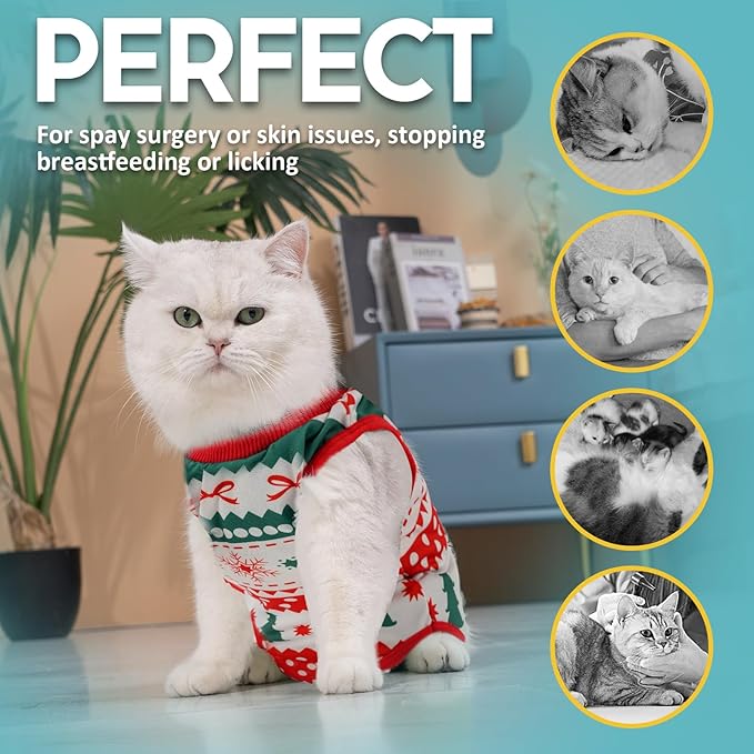 Avont Cat Recovery Suit - Kitten Onesie for Cats After Surgery, Cone of Shame Alternative Surgical Spay Suit for Female Cat, Post-Surgery or Skin Diseases Protection -Christmas(L)
