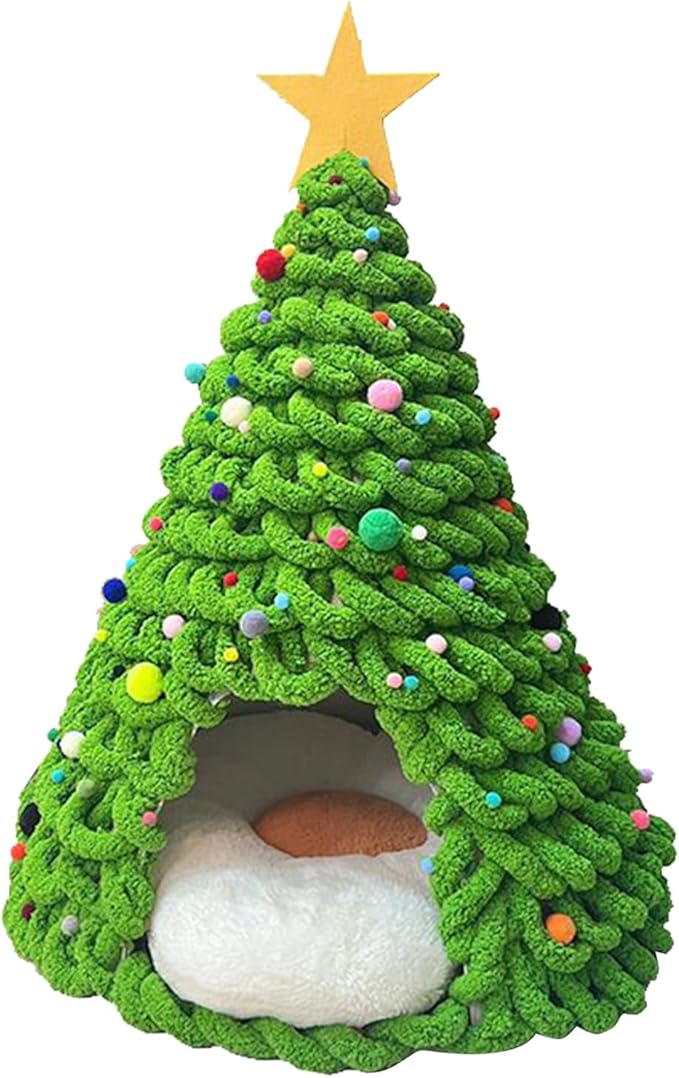 Cat Christmas Tree Bed - Fun Tent Cave House, Kitten Bed Furniture Set with Plush Comfortable Material, and Pet Hideaway for Cats, Dogs, Indoor & Outdoor Use, Family, Friends, Pet Enthusi