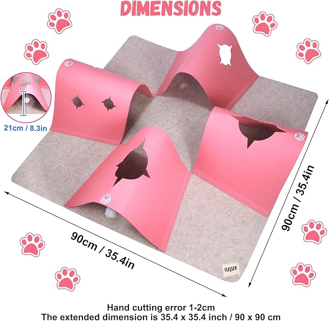 35.4" Large Interactive Felt Cat Activity Play Mat – Ripple Style Hide & Seek Tunnel with Hanging Ball, Foldable Snuffle Mat for Indoor Cats, Kittens, Rabbits, Small Pets, Pink