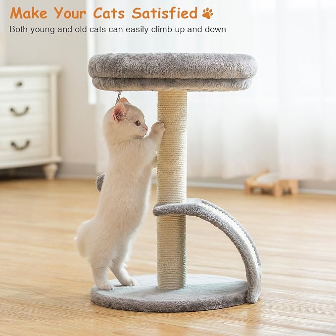 Goozii Small Cat Tree Tower with Scratching Post, Modern Kitten Tower for Indoor Cats, Short Carpet Sisal Cat Scratcher Stand with Large Bed Perch, Scratch Ramp, Toy Ball for Kitty Play (Grey)