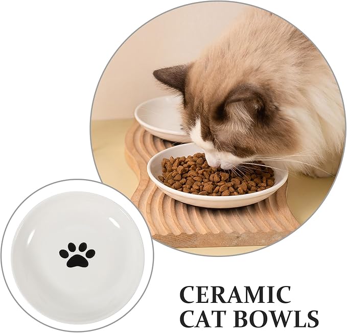 VOSAREA 3pcs Wide Ceramic Cat Food Bowls with Nonslip Black Silicone Base, Shallow Round Dish Set for Indoor Cats Feeding and Watering