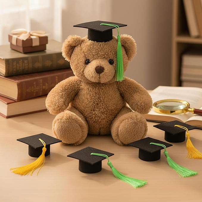Mini Graduation Caps with Gold and Green Tassel, 2 Pack Black Mini Graduation Caps, Small Animal Bachelor Hats for Adjustable Pet Graduation Photo Props Cat Dog Holiday Costume Accessories