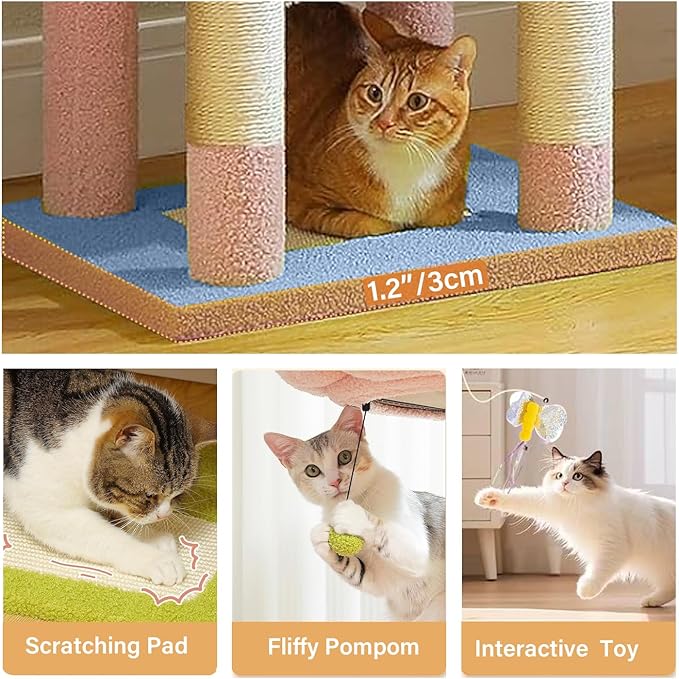 Flower Cat Tree 71 Inches，Large Cat Tower with 2 Detachable Flower Cushions and 2 Hiding Condo, Tall and Big Cat Tree with Hammock Bed, Interactive Toys and Scratching Posts for Indoor Cats (Blue)