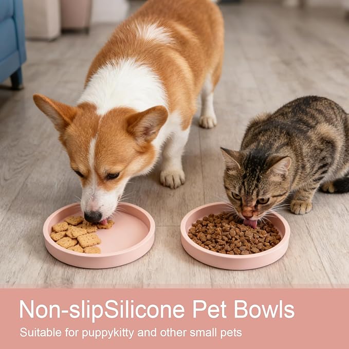 Pet Food Mat, Set of 2 Pink Silicone Feeding Mats - 7'' x 7'' Non-Slip Waterproof Bowl Mat with Raised Edge for Dog Cat, Prevent Food Water Spills, Easy Clean Tray