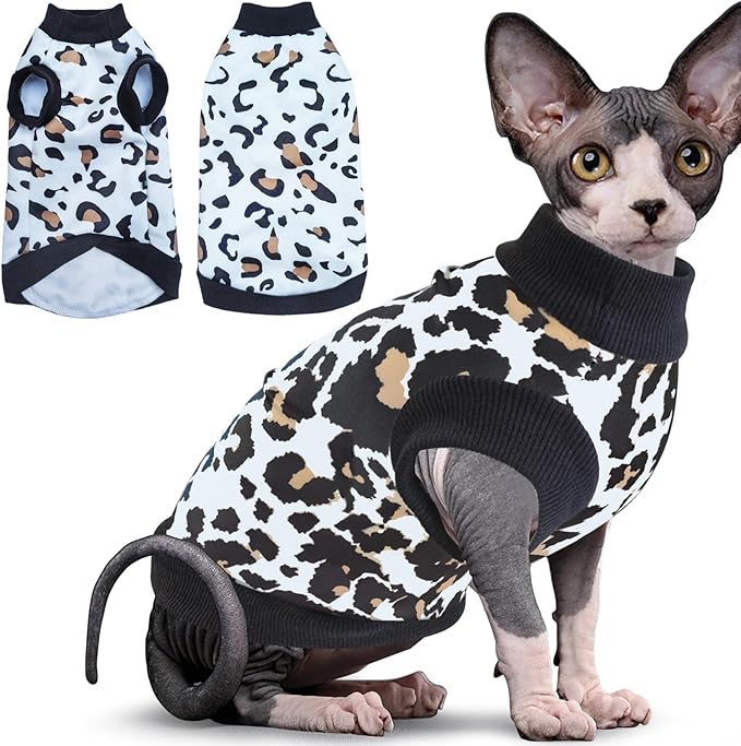Idepet Cat Clothes Kitten Sweater Soft Kitten Shirt Cute Leopard Print Kitty Vest Pullover Pajamas Jumpsuit Cotton Apparel for Hairless Cats &Puppy (White,S)