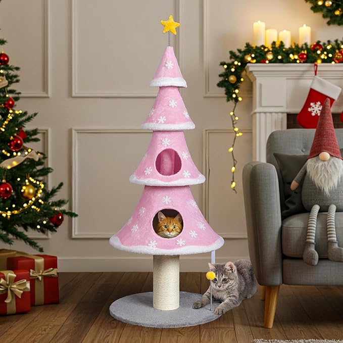 VINGLI 59in Pink Christmas Tree Cat Tower for Indoor Cats - Multi-Level Cat Tree with 2 Condos, Fleece Platforms, Sisal Scratching Post & Dangling Toy, Wide Stable Base for Adult Cats & Kittens