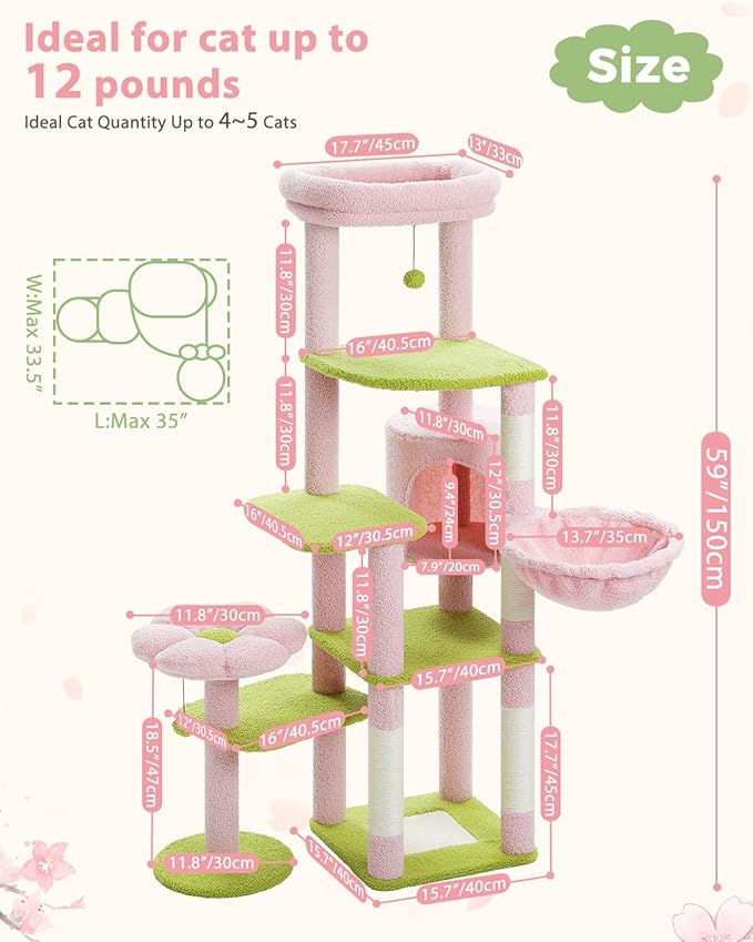 MUTTROS 59" Flower Cat Tree, Tall Cat Tree for Large Cat, Multi-Level Cat Tower, Cute Cat Tree for Indoor Cats, Cat Condo with Large Hammock, Scratching Post, and 2 Perches, Pink