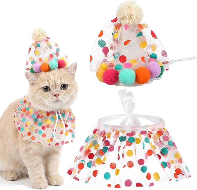Tyqour Cat Birthday Hat and Bandana Scarf, Cute Cat Party Hat, Cat Birthday Decorations for Cat Happy Birthday and Cat 1st Birthday Outfits