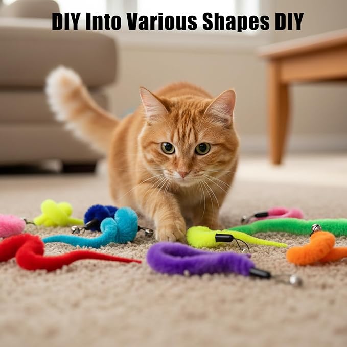 Larrel 8PCS Cat Worm Toy Replacement, Cat Wand Toy Accessories, Soft Worm Cats Toys Teaser with Bell, Fuzzy Worms Toys Attachments Replacements for Indoor Cats and Kitten (8 Colors)
