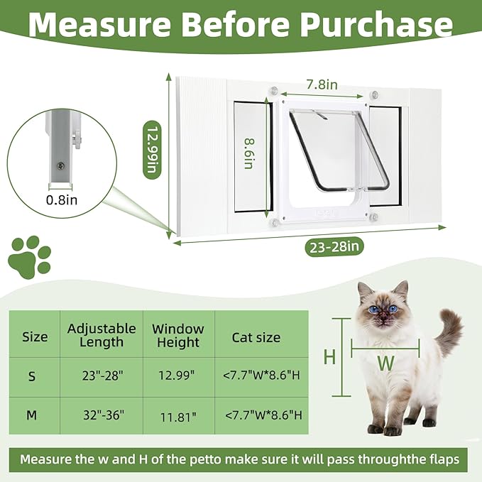 Cat Door for Window, Aluminum Window Pet Door for Cats & Small Dogs, Width Adjustable to Fit Width 23"-28", 4 Locking Modes, Magnetic Close, Weatherproof Design