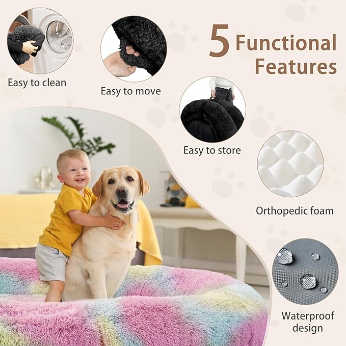 ROOMTEC Human Dog Bed, 71''x45''x12'' Size Fits Adult and Pet Washable Giant People Bed 10 CM Thick Memory Foam Large Oversize Pet Bed with Plump Pillow, Blanket, Strap - Rainbow