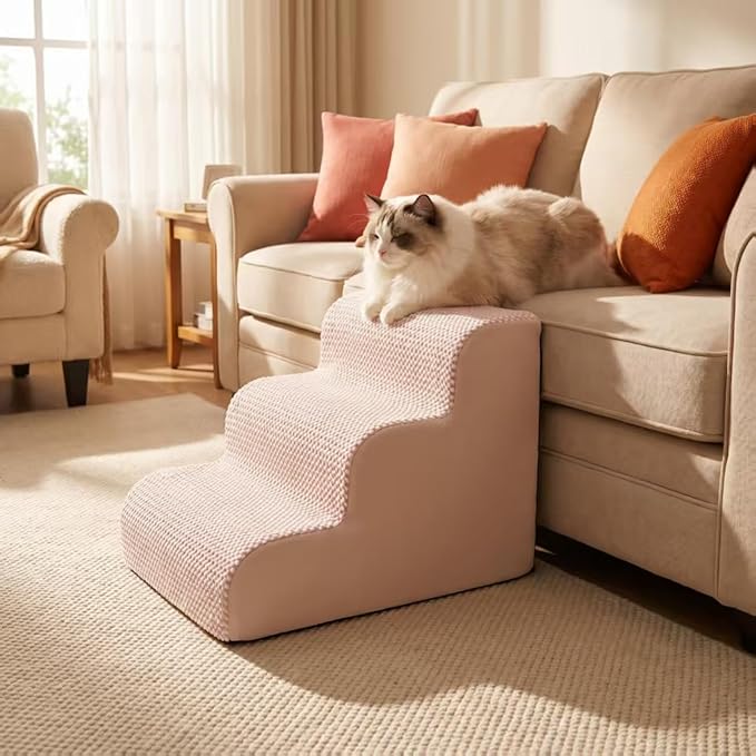 Dog Stairs for Small Dogs，35D Pet Stairs Steps 15” H with Durable Non-Slip Waterproof Fabric Cover, Slope Stairs to Bed for Small Dogs and Cats or Pets Joints, 3 Step Dog Ramp for Couch and Bed