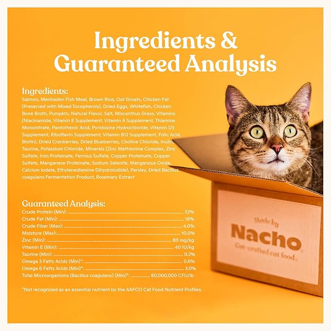 Made by Nacho Dry Cat Kibble 4lb Bag, High Protein and Grain-Friendly Premium Cat Food, Sustainably Caught Salmon and Pumpkin, Infused with Bone Broth for Hydration, Limited Ingredients, Single Bag