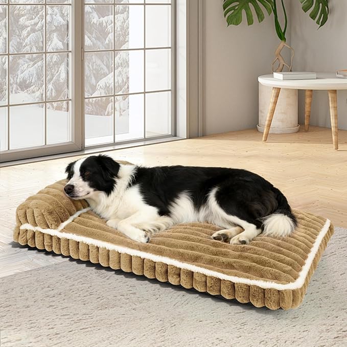 Comfort Dog Beds for Extra Large Dogs,Dog Bed with Removable Washable Cover, Deluxe Plush Dogs Bed for Crate with Pillow, Anti-Slip Pet Mat Mattress for Kennel with Durable Zipper(Brown,XL)
